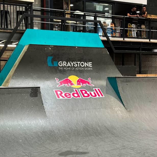 An image of the temporary indoor skate graphics for a Red Bull event.